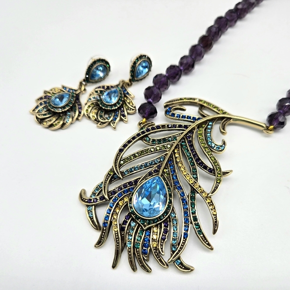 Heidi Daus Amethyst Swarovski Crystal Large Peacock Feather Necklace - Picture 11 of 14